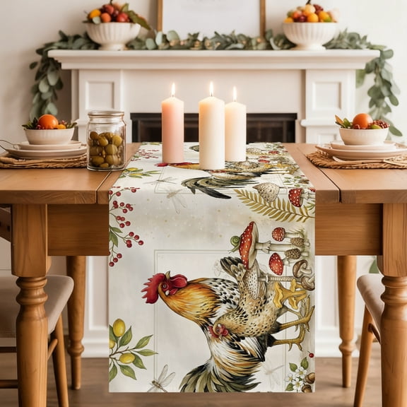 Rustic Rooster Hens Table Runner 13x36 Inch Farmhouse Animal Mushroom Country Cotton Linen Dining Table Runner Ideal for Dresser Kitchen Coffee Tables - Machine Washable