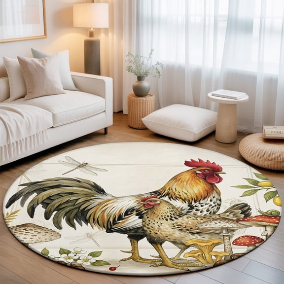 Rustic Rooster Hens Washable Round Area Rug 3 ft, Farmhouse Animal Mushroom Country Soft Non Slip Rugs Stain Repellent Indoor Felt Carpet for Living Dining Room Bedroom Home Office