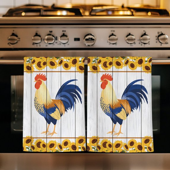 Rustic Rooster Kitchen Towels Set of 1, Farmhouse Yellow Sunflowers Country Wood Grain Absorbent Dish Towels for Kitchen, Microfiber Hand Towel, Quick Drying Tea Towel for Cleaning Dishcloths