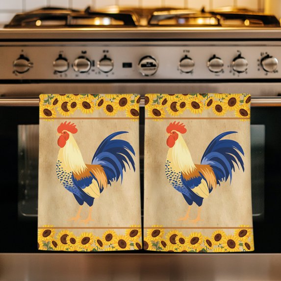 Rustic Rooster Kitchen Towels Set of 2, Yellow Sunflowers Farmhouse Plants Retro Brown Absorbent Dish Towels for Kitchen, Microfiber Hand Towel, Quick Drying Tea Towel for Cleaning Dishcloths