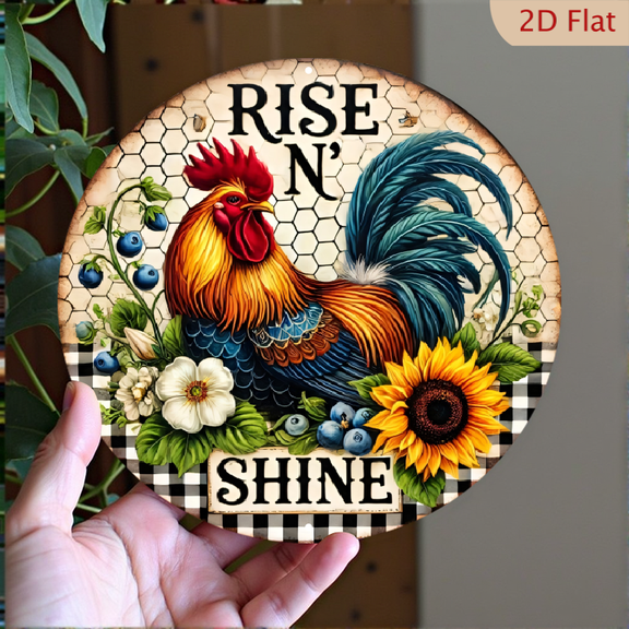 Rustic Rooster Metal Wall Art, Farmhouse Kitchen Decor Round Aluminum Sign, Rise and Shine Floral Sunflower Print, 8x8 Inch Vintage Style Decorative Wall Hanging