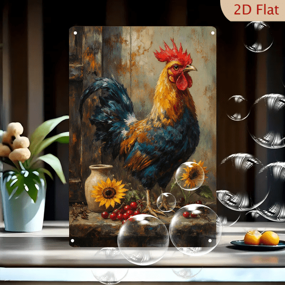 Rustic Rooster Oil Painting 8x12in Metal Wall Art, Realistic Barn Style with Cherries Sunflowers and Ceramic Vase on Weathered Wood Background for Farmhouse Kitchen Decor
