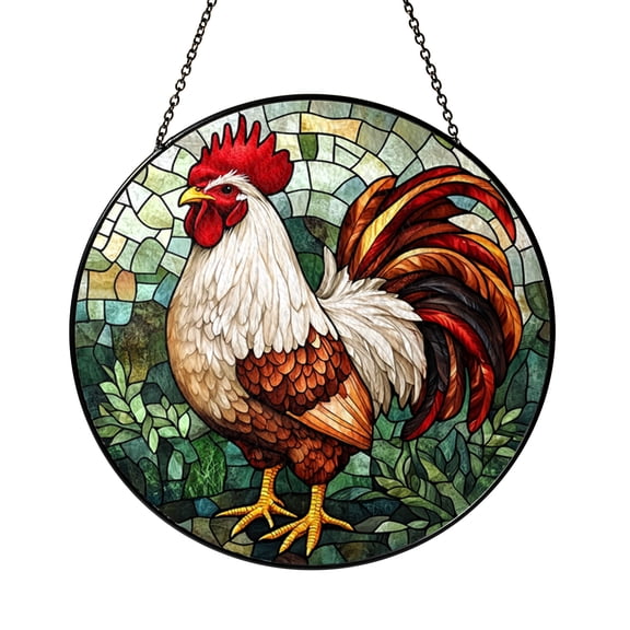 Rustic Rooster Stained Glass Circular Window Panel, Farmhouse Country Decor with Red and White Detail, Bright Kitchen Accent