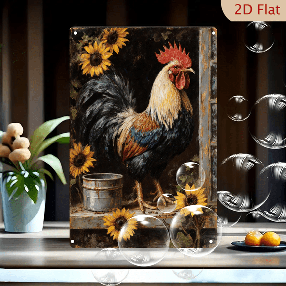 Rustic Rooster with Sunflowers on Windowsill, 8x12 Inch Metal Wall Art Print, Vintage Farmhouse Decor, Vibrant Bird and Flowers Painting for Kitchen Living Room