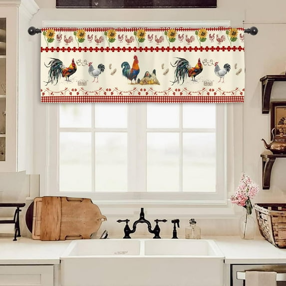 Rustic Rooster Vintage Kitchen Curtain Valance 54W x 18H Rod Pocket Retro Chicken Red Plaid Country Farm Raural Window Treatment for Living Room Bedroom Bathroom