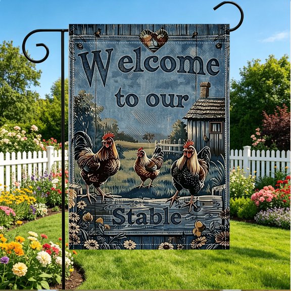 Rustic Rooster Welcome Double Sided 2D Garden Flag, 12x18 Inch, Farmhouse Yard Spring Holiday Gift Decor, No Flagpole