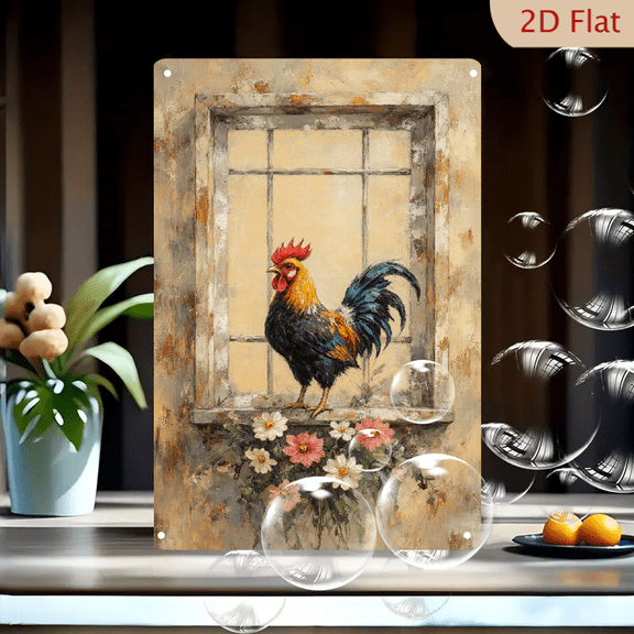 Rustic Rooster on Windowsill Wall Art, 8x12 Inch Metal Tin Sign, Vintage Farmhouse Decor with Colorful Bird, Peeling Paint Frame, Daisy Flowers, Country Style Home Decoration