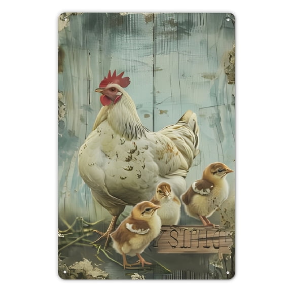 Rustic Rooster & Chicks Tin Sign, 8x12 inches, Vintage Farmhouse Decor, Nostalgic Wall Art for Cafe, Restaurant, Patio, Iron ,Foil Carving Craft Tool