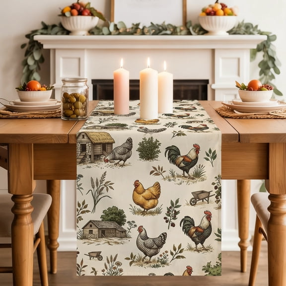 Rustic Roosters Dining Table Runner, Farmhouse Hen Nests Country Beige Washable Table Runners Kitchen Coffee Table Center Decor for Home Party Holiday Wedding 13 x 70 Inches
