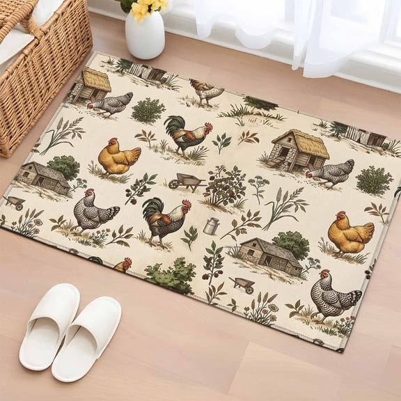 Rustic Roosters Entryway Rug 2'x3' Farmhouse Hen Nests Country Beige Small Area Rug Non-Slip Front Door Mat Washable Floor Carpet for Indoor Entrance Kitchen Bathroom