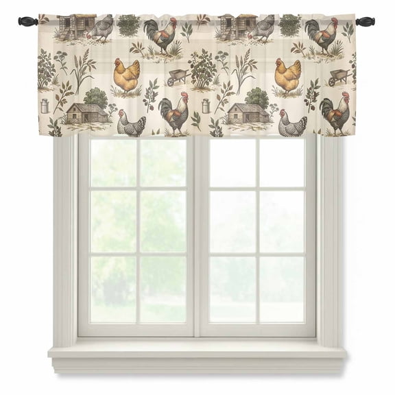 Rustic Roosters Semi Sheer Valance Curtains Farmhouse Hen Nests Country Beige Voile Valances Curtain Rod Pocket Small Window Treatment for Kitchen Bathroom Cafe 42"x18"