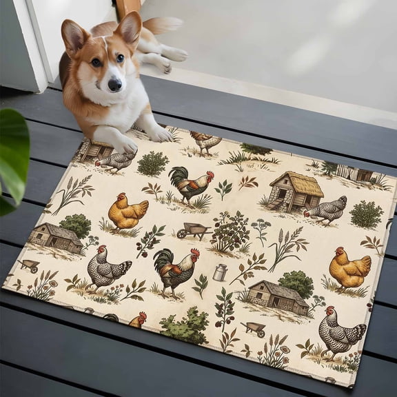 Rustic Roosters Washable Entry Rug 2x3 Farmhouse Hen Nests Country Beige Low Pile Indoor Door Mat with Rubber Backing Thin Area Rug for for Entrance, Bedroom, Kitchen, Laundry, Bathroom
