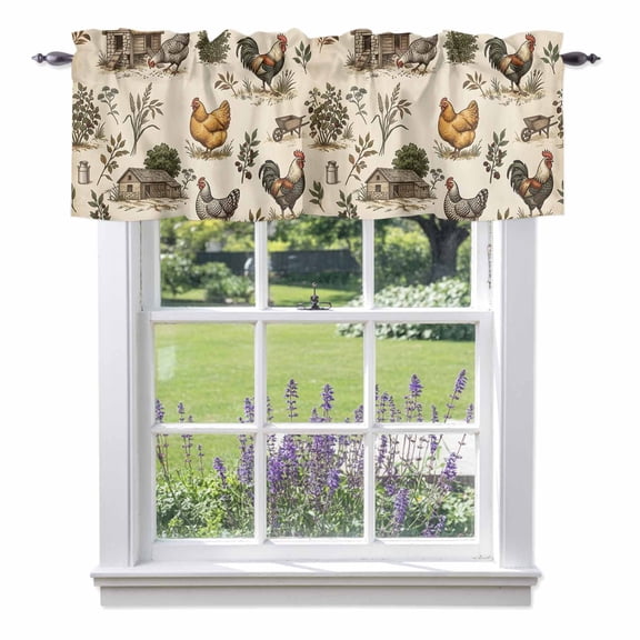 Rustic Roosters Window Valance for Kitchen, Farmhouse Hen Nests Country Beige Rod Pocket Short Curtains for Bathroom Bedroom Small Window, Light Filtering Decorative Valances, 42 x 18 Inches