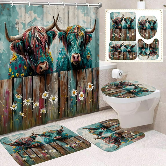 Rustic Rose Highland Cow Shower Curtain Set,Farmhouse Bull Mens Bathroom Shower Curtains Set,Rustic Cow Shower Curtain Set Farmhouse Bathroom Curtain Decor,Waterproof Western Farm Bathroom Curtain