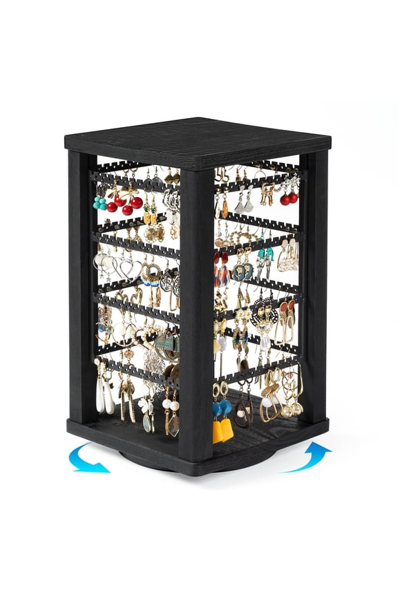 Rustic Rotating Wood Earring Stand, 4 Tiers Earring Holder Organizer Stand with 192 Earring Tree Holes Display for Stud Earrings, Hoop Earrings