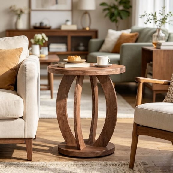 Rustic Round Bedside Table with Open Storage Shelf, Modern Wood End Table for Bedroom, Living Room and Small Spaces, Water Resistant MDF Accent Side Table with Stable Anti Slip Feet, Compact Nightsta