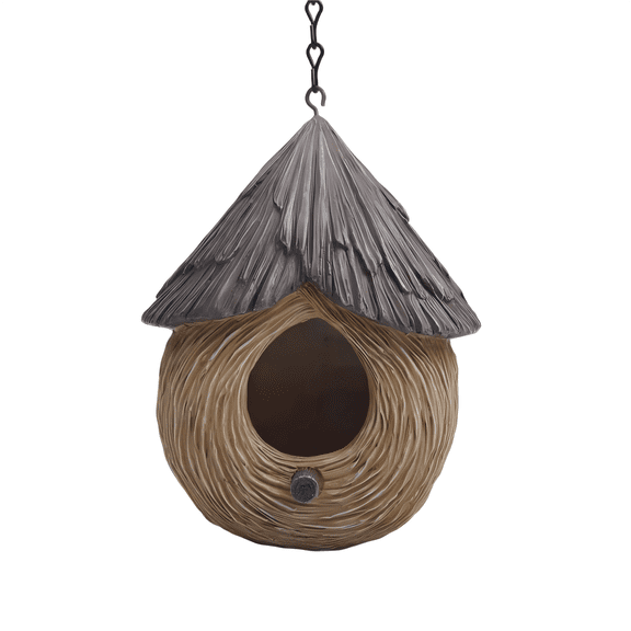 Rustic Round Birdhouse with Thatched Roof Design, Hanging Birdhouse for Outside, Resin Birdhouses for Bluebird Sparrow Finch Cardinals Garden, Patio, Yard