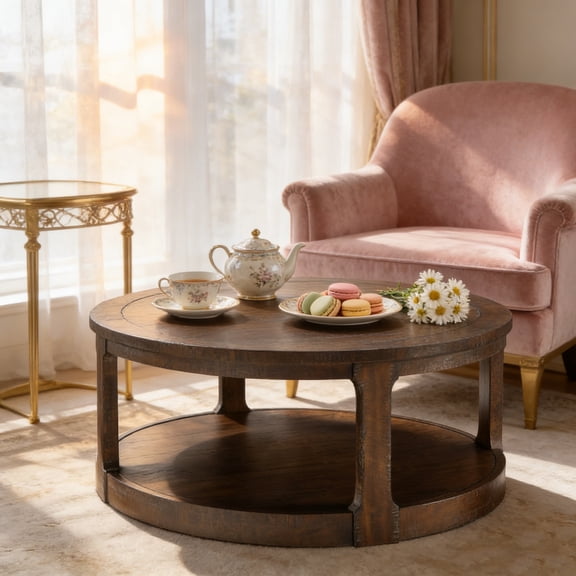 Rustic Round Coffee Table, 2-Tier Solid Wood Cocktail Table with Distressed Dark Brown Finish, Sturdy Frame & Lower Storage Shelf for Living Room, Farmhouse & Industrial Style