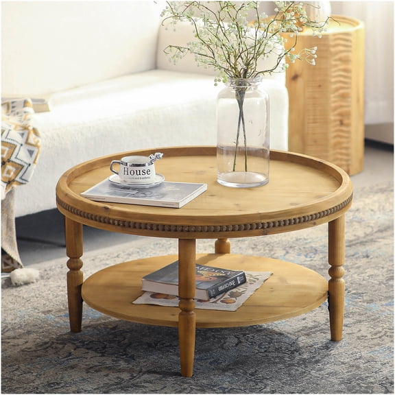 Rustic Round Coffee Table with Storage Shelf, Walnut Brown 2-Tier Beaded Accent Table for Living Room