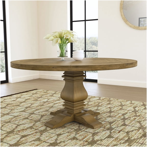 Rustic Round Dining Table for 4, Solid Pine Wood Farmhouse Kitchen Table with Vintage Honey Finish