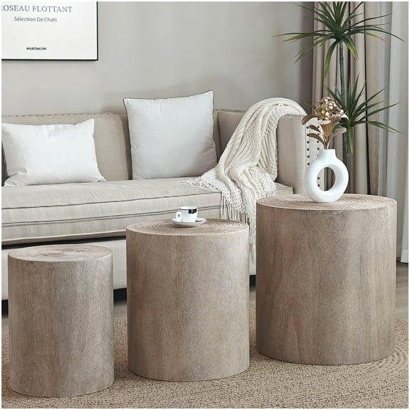 Rustic Round End Table Set of 3, Natural Wood Accent Tables for Coffee, Plants, and Home Decor