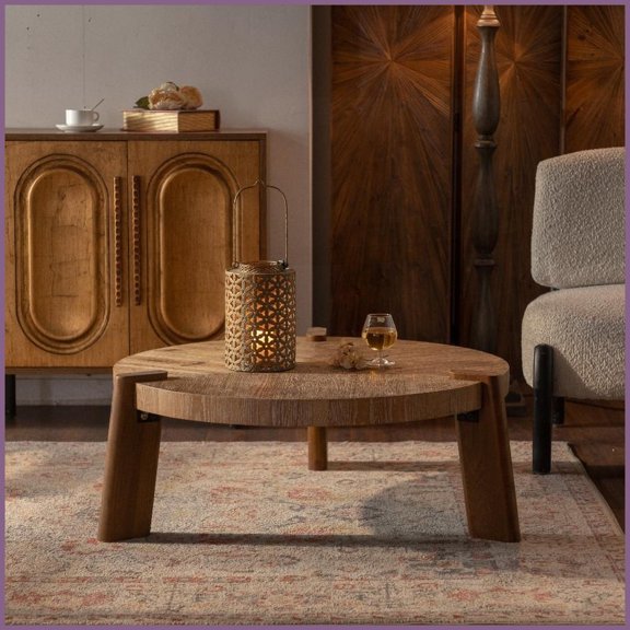 Rustic Round MDF Coffee Table for Apartments - Anti-Collision Safety, Easy Assembly