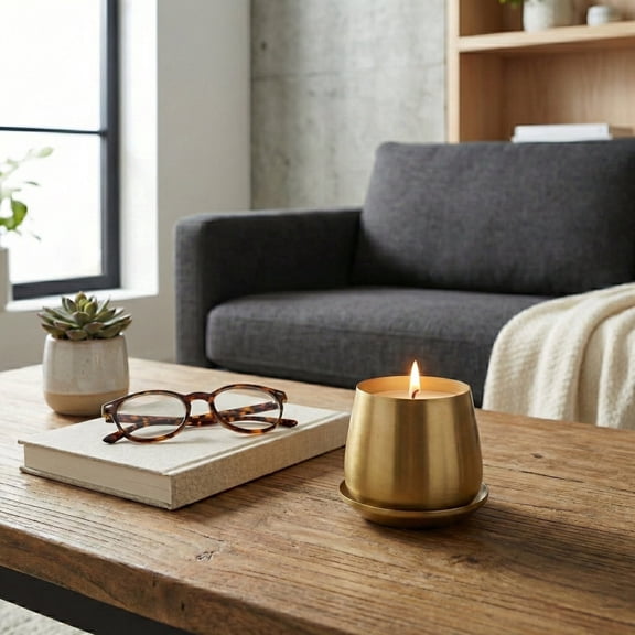 Rustic Round Metal Vessel Scented Candle for Men and Women - Decorative Small Pillar and Votive Candle for Home - Indoor and Outdoor Safe for Living Room, Bedroom, or Bathroom - 4", Gold