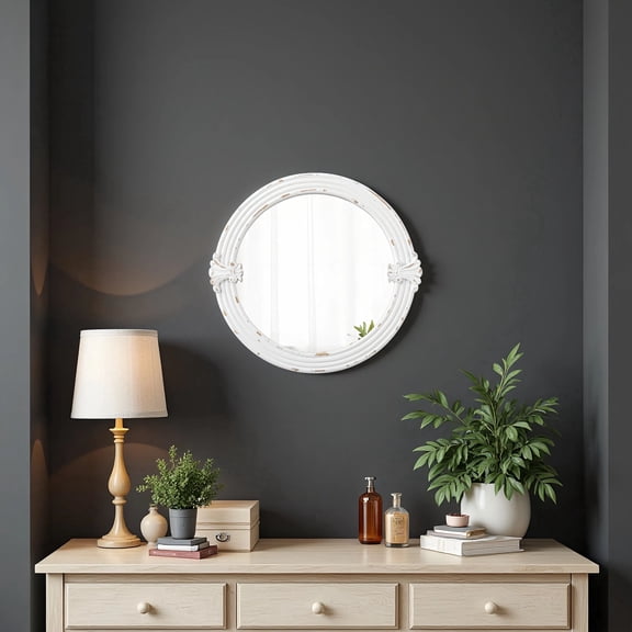 Round White Wood Mirror with Floral Carved Frame 20 inch - Rustic Wall Decor for Entryway, Bathroom, or Farmhouse