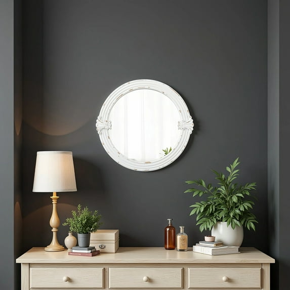 Round White Wood Mirror with Floral Carved Frame 20 inch - Rustic Wall Decor for Entryway, Bathroom, or Farmhouse