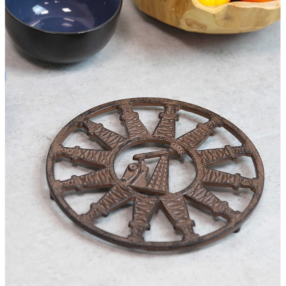 Rustic Round Pumpjack Cutout With Oil Derrick Towers Border Cast Iron Trivet
