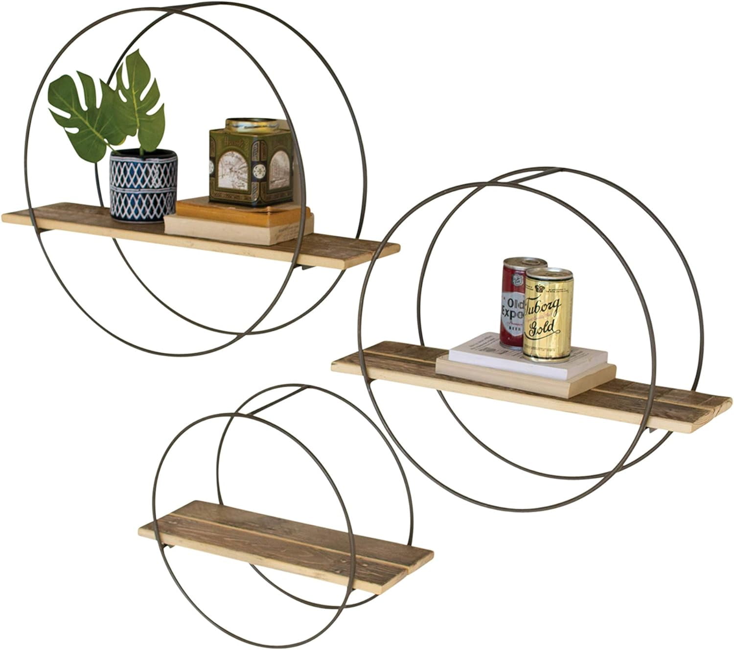 Rustic Round Recycled Wood Metal Frame Wall Shelves Set Three