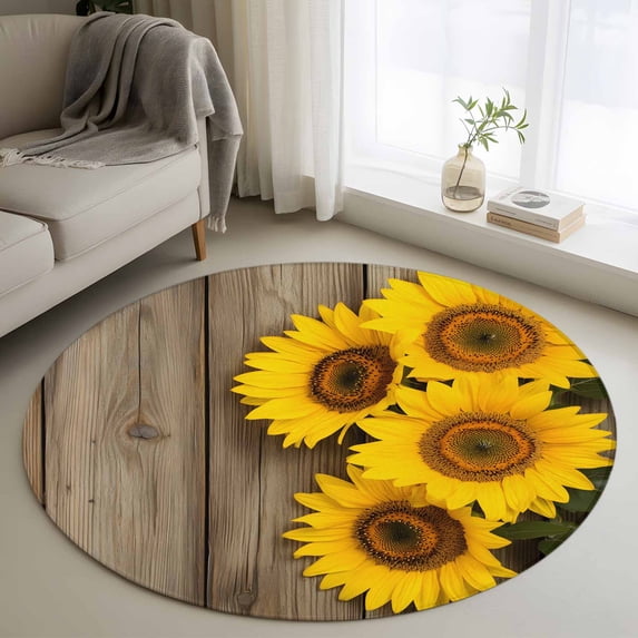 Rustic Round Rugs for Living Room 3ft Sunflowers Wood Grain Texture Pastoral Vintage Non Slip Circle Rug Washable Low-Profile Indoor Carpet for Bedroom, Dining Room, Bathroom