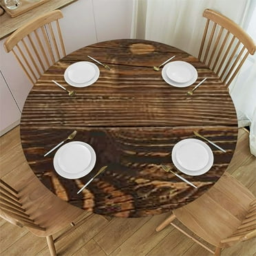 Rustic Round Tablecloth with Elastic Edges,Table Cover for Indoor Kitchen Dinning Room or Outdoor Party ,Waterproof Oil-Proof Stain-Resistant and wipeable- Fits Tables up to  Diameter,Brown