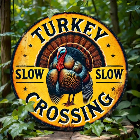 Rustic Round Tin Metal Signs Home Dcor 8x8 "Turkey Slow Crossing" Feathered Fri