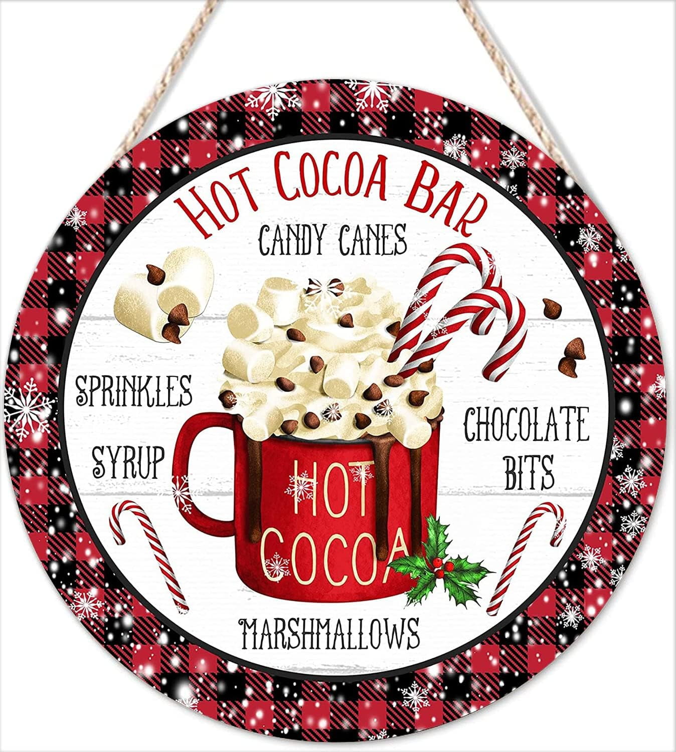 Rustic Round Wood Sign Hot Cocoa Sign Buffalo Plaid Wooden Wall Hanging