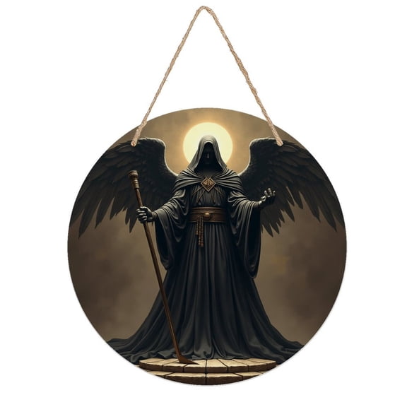 Rustic Round Wooden Wall Art Sign, 8" Decorative Home Decor, Vintage Black Angel Designs, Easy Hang, Gift-Ready for Christmas Living Room Bedroom Kitchen Office