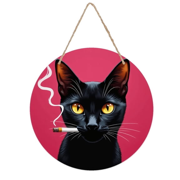 Rustic Round Wooden Wall Art Sign, 8" Decorative Home Decor, Vintage Black Cat Smoke Designs, Easy Hang, Gift-Ready for Christmas Living Room Bedroom Kitchen Office