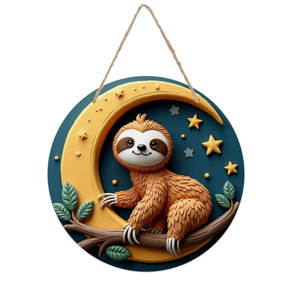 Rustic Round Wooden Wall Art Sign, 8" Decorative Home Decor, Vintage Cartoon Sloth Moon Designs, Easy Hang, Gift-Ready for Christmas Living Room Bedroom Kitchen Office