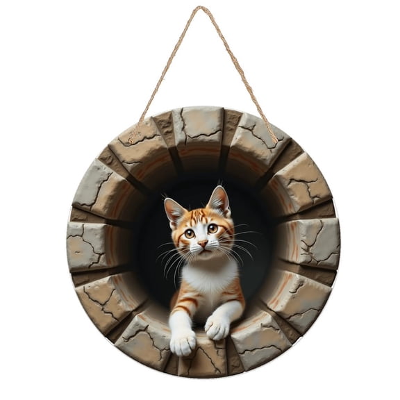 Rustic Round Wooden Wall Art Sign, 8" Decorative Home Decor, Vintage Cat Brick Designs, Easy Hang, Gift-Ready for Christmas Living Room Bedroom Kitchen Office