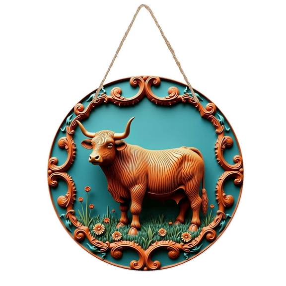 Rustic Round Wooden Wall Art Sign, 8" Decorative Home Decor, Vintage Cow Floral Designs, Easy Hang, Gift-Ready for Christmas Living Room Bedroom Kitchen Office