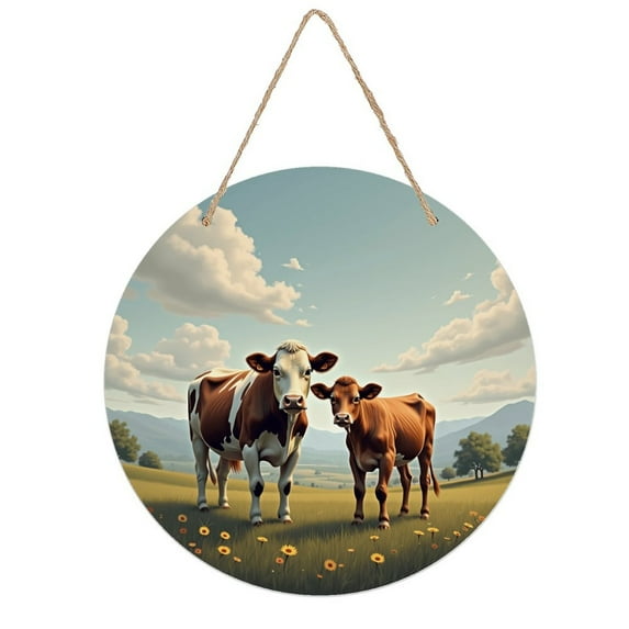 Rustic Round Wooden Wall Art Sign, 8" Decorative Home Decor, Vintage Cows Farm Animals Cattle Designs, Easy Hang, Gift-Ready for Christmas Living Room Bedroom Kitchen Office
