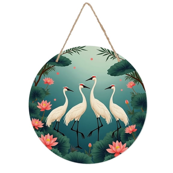Rustic Round Wooden Wall Art Sign, 8" Decorative Home Decor, Vintage Cranes Flowerl Designs, Easy Hang, Gift-Ready for Christmas Living Room Bedroom Kitchen Office
