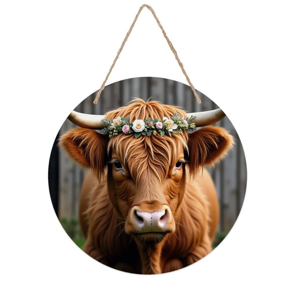 Rustic Round Wooden Wall Art Sign, 8" Decorative Home Decor, Vintage Cute Animal Cow Designs, Easy Hang, Gift-Ready for Christmas Living Room Bedroom Kitchen Office