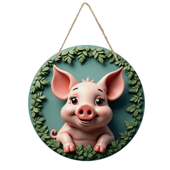 Rustic Round Wooden Wall Art Sign, 8" Decorative Home Decor, Vintage Cute Cartoon Pig Designs, Easy Hang, Gift-Ready for Christmas Living Room Bedroom Kitchen Office