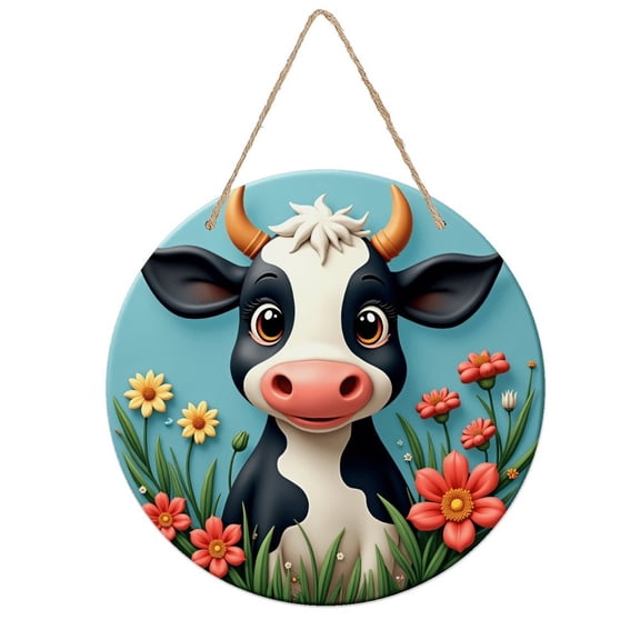 Rustic Round Wooden Wall Art Sign, 8" Decorative Home Decor, Vintage Cute Cow Flower Designs, Easy Hang, Gift-Ready for Christmas Living Room Bedroom Kitchen Office