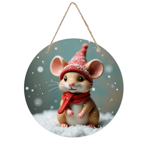 Rustic Round Wooden Wall Art Sign, 8" Decorative Home Decor, Vintage Cute Mouse Winter Designs, Easy Hang, Gift-Ready for Christmas Living Room Bedroom Kitchen Office