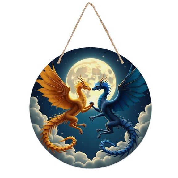 Rustic Round Wooden Wall Art Sign, 8" Decorative Home Decor, Vintage Dragon Couple Fantasy Designs, Easy Hang, Gift-Ready for Christmas Living Room Bedroom Kitchen Office