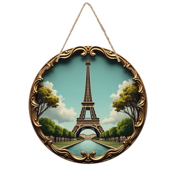 Rustic Round Wooden Wall Art Sign, 8" Decorative Home Decor, Vintage Eiffel Tower Paris Designs, Easy Hang, Gift-Ready for Christmas Living Room Bedroom Kitchen Office