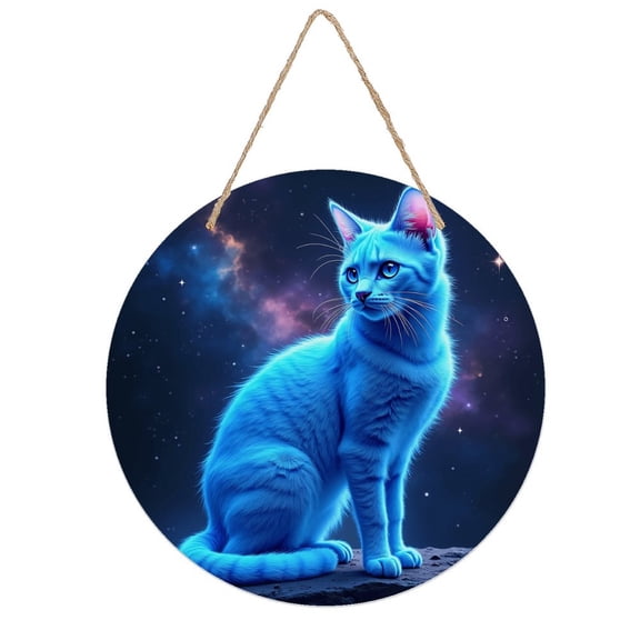 Rustic Round Wooden Wall Art Sign, 8" Decorative Home Decor, Vintage Fantasy Blue Cat Sitting Designs, Easy Hang, Gift-Ready for Christmas Living Room Bedroom Kitchen Office
