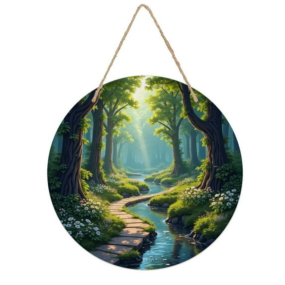 Rustic Round Wooden Wall Art Sign, 8" Decorative Home Decor, Vintage Forest Waterway Path Designs, Easy Hang, Gift-Ready for Christmas Living Room Bedroom Kitchen Office